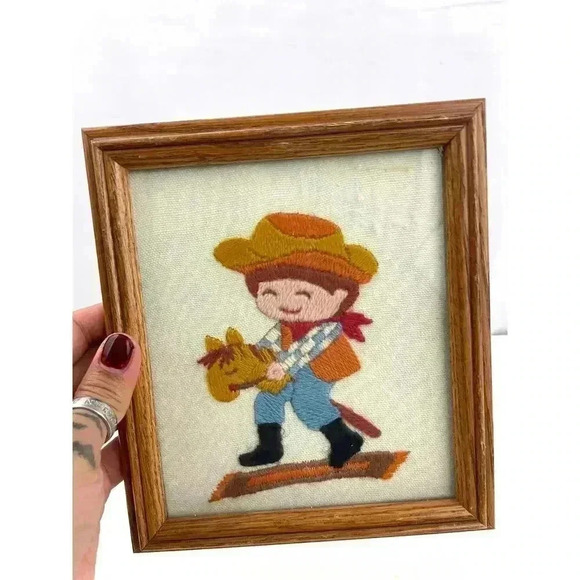 VTG 70's Little Boy Playing Crewel Embroidered Framed Wall Art 7"x 8" Western - Picture 3 of 8